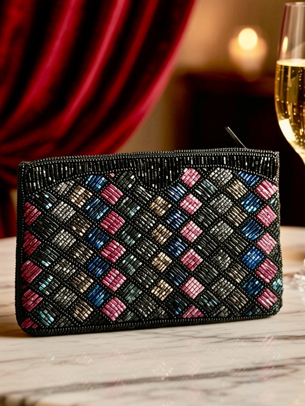 Neiman Marcus Black Beaded Multicolor Mosaic Clutch